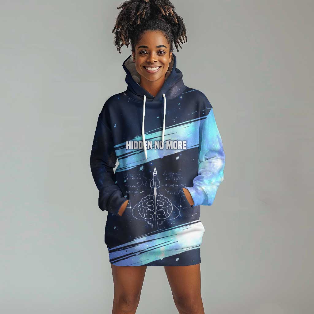 Katherine Johnson Hoodie Dress with Galaxy Background, Hidden No More Quote and Rocket Brain Equation - Wonder Print Shop