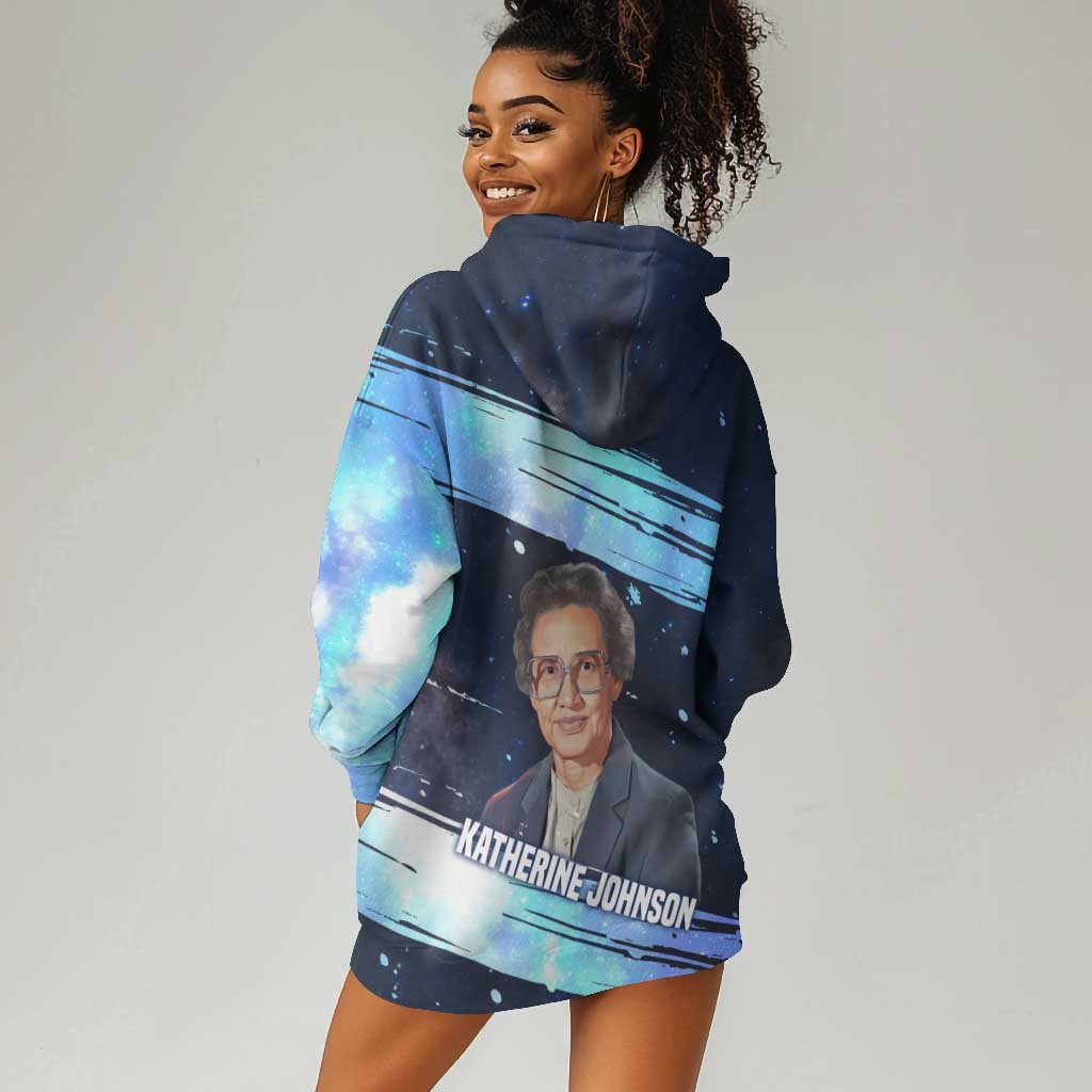 Katherine Johnson Hoodie Dress with Galaxy Background, Hidden No More Quote and Rocket Brain Equation - Wonder Print Shop