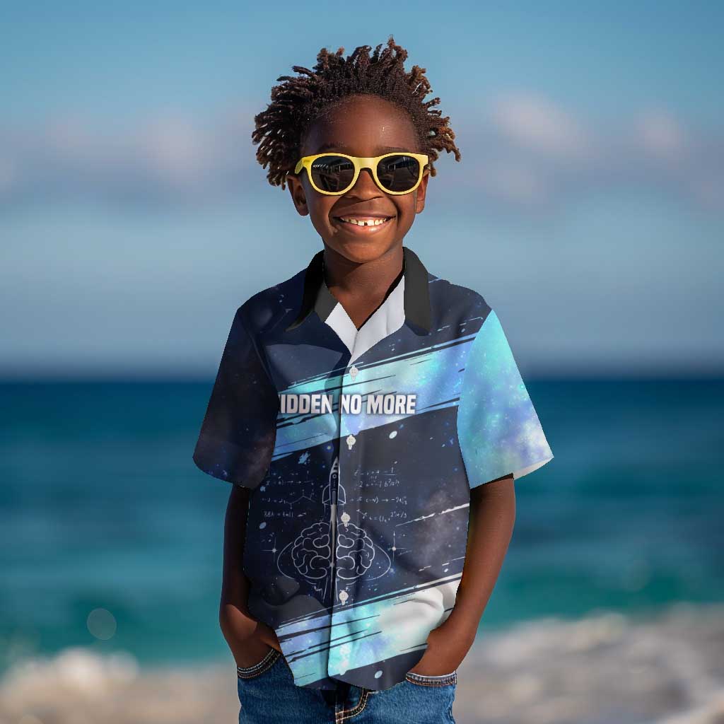 Katherine Johnson Kid Hawaiian Shirt with Galaxy Background, Hidden No More Quote and Rocket Brain Equation - Wonder Print Shop