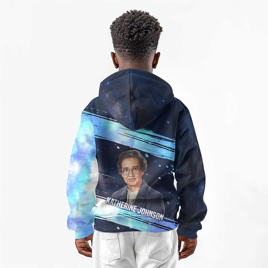 Katherine Johnson Kid Hoodie with Galaxy Background, Hidden No More Quote and Rocket Brain Equation - Wonder Print Shop