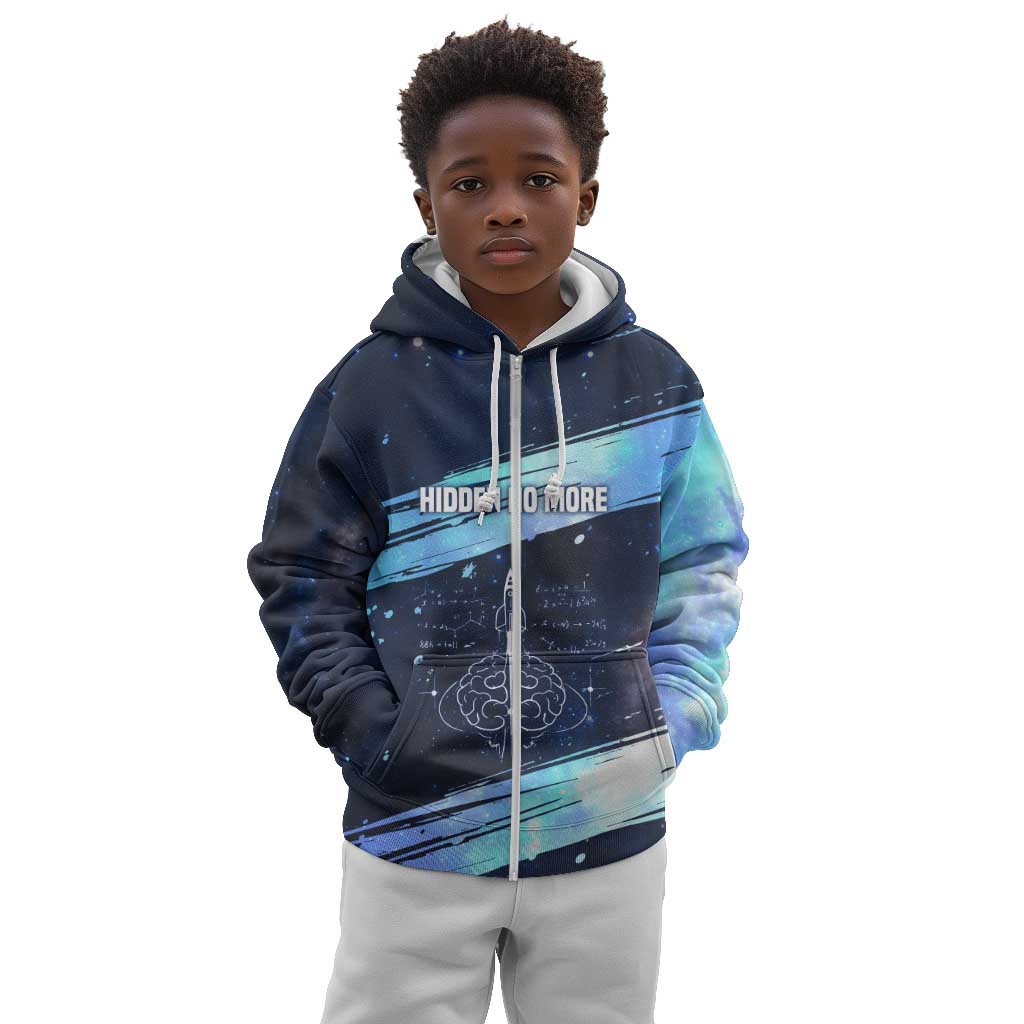 Katherine Johnson Kid Hoodie with Galaxy Background, Hidden No More Quote and Rocket Brain Equation - Wonder Print Shop
