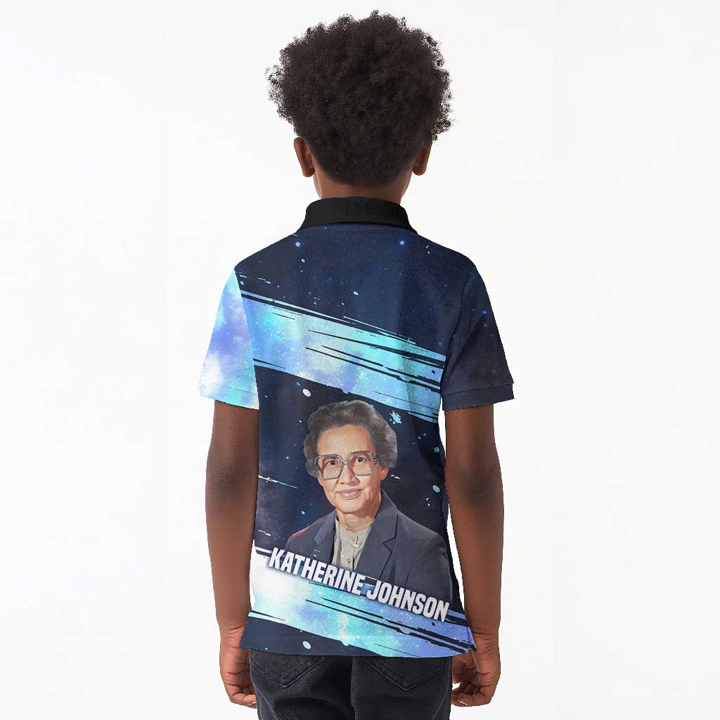 Katherine Johnson Kid Polo Shirt with Galaxy Background, Hidden No More Quote and Rocket Brain Equation - Wonder Print Shop