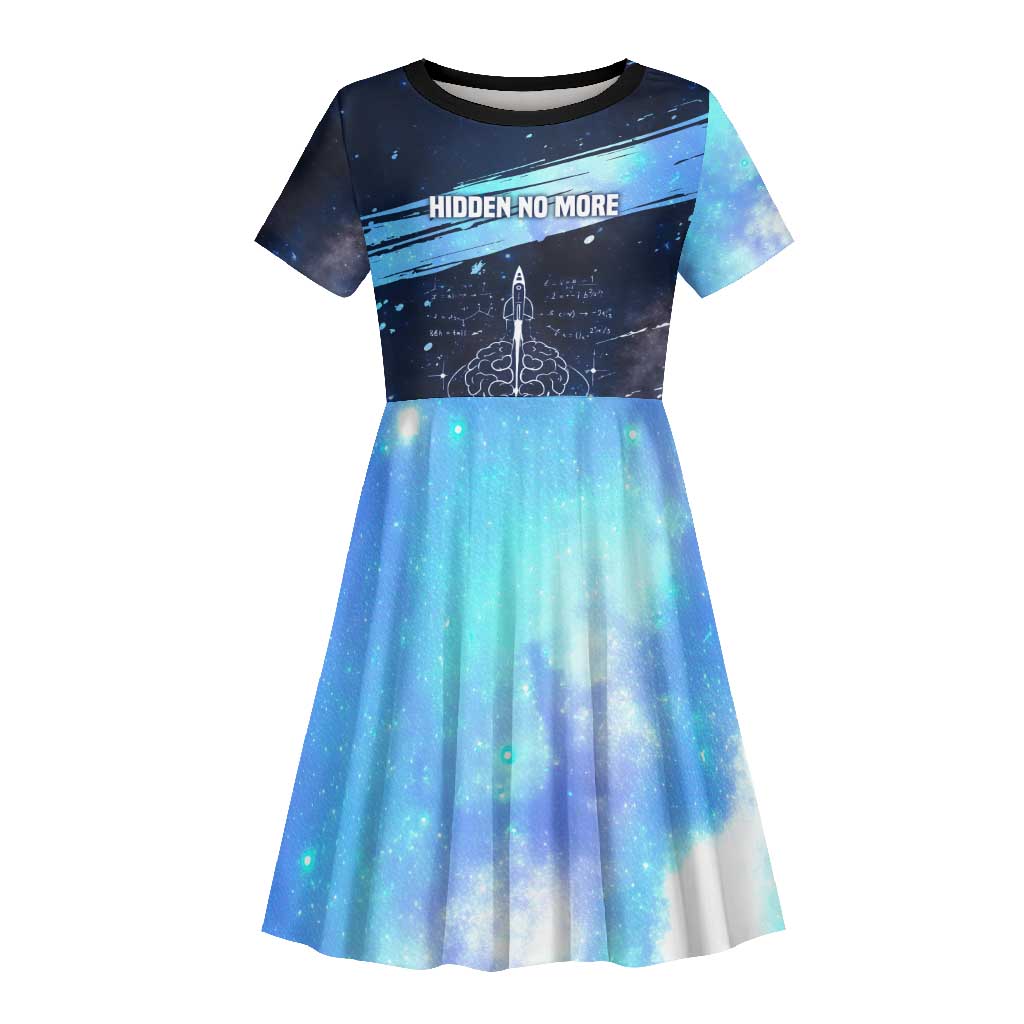 Katherine Johnson Kid Short Sleeve Dress with Galaxy Background, Hidden No More Quote and Rocket Brain Equation - Wonder Print Shop