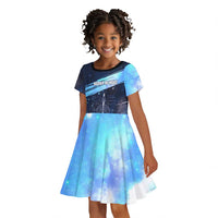 Katherine Johnson Kid Short Sleeve Dress with Galaxy Background, Hidden No More Quote and Rocket Brain Equation - Wonder Print Shop