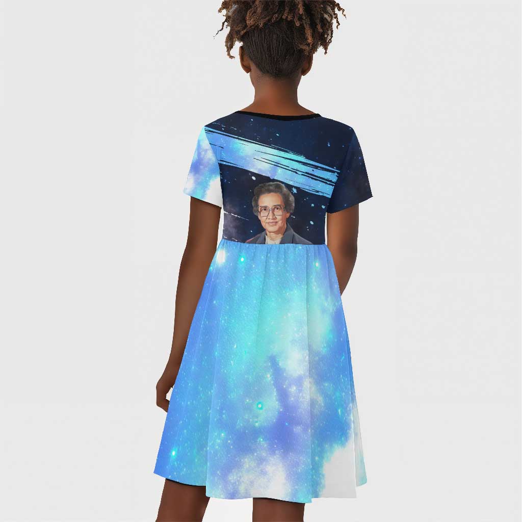 Katherine Johnson Kid Short Sleeve Dress with Galaxy Background, Hidden No More Quote and Rocket Brain Equation - Wonder Print Shop