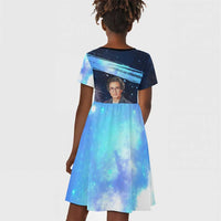 Katherine Johnson Kid Short Sleeve Dress with Galaxy Background, Hidden No More Quote and Rocket Brain Equation - Wonder Print Shop