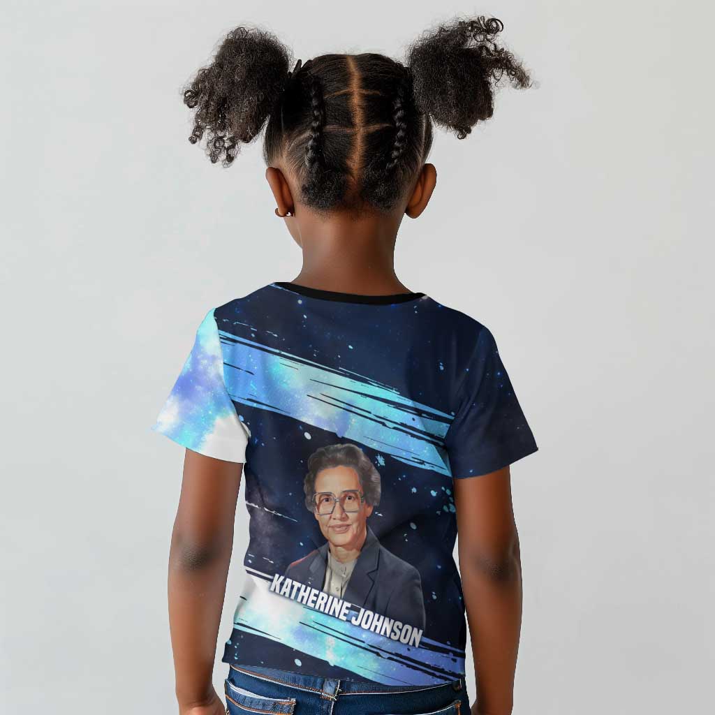 Katherine Johnson Kid T shirt with Galaxy Background, Hidden No More Quote and Rocket Brain Equation - Wonder Print Shop