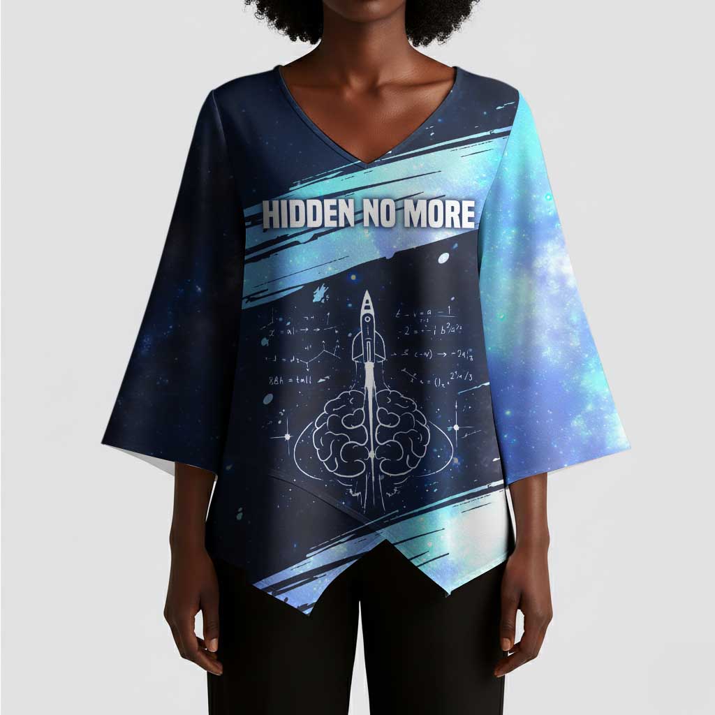 Katherine Johnson Kimono Sleeve Blouse with Galaxy Background, Hidden No More Quote and Rocket Brain Equation - Wonder Print Shop