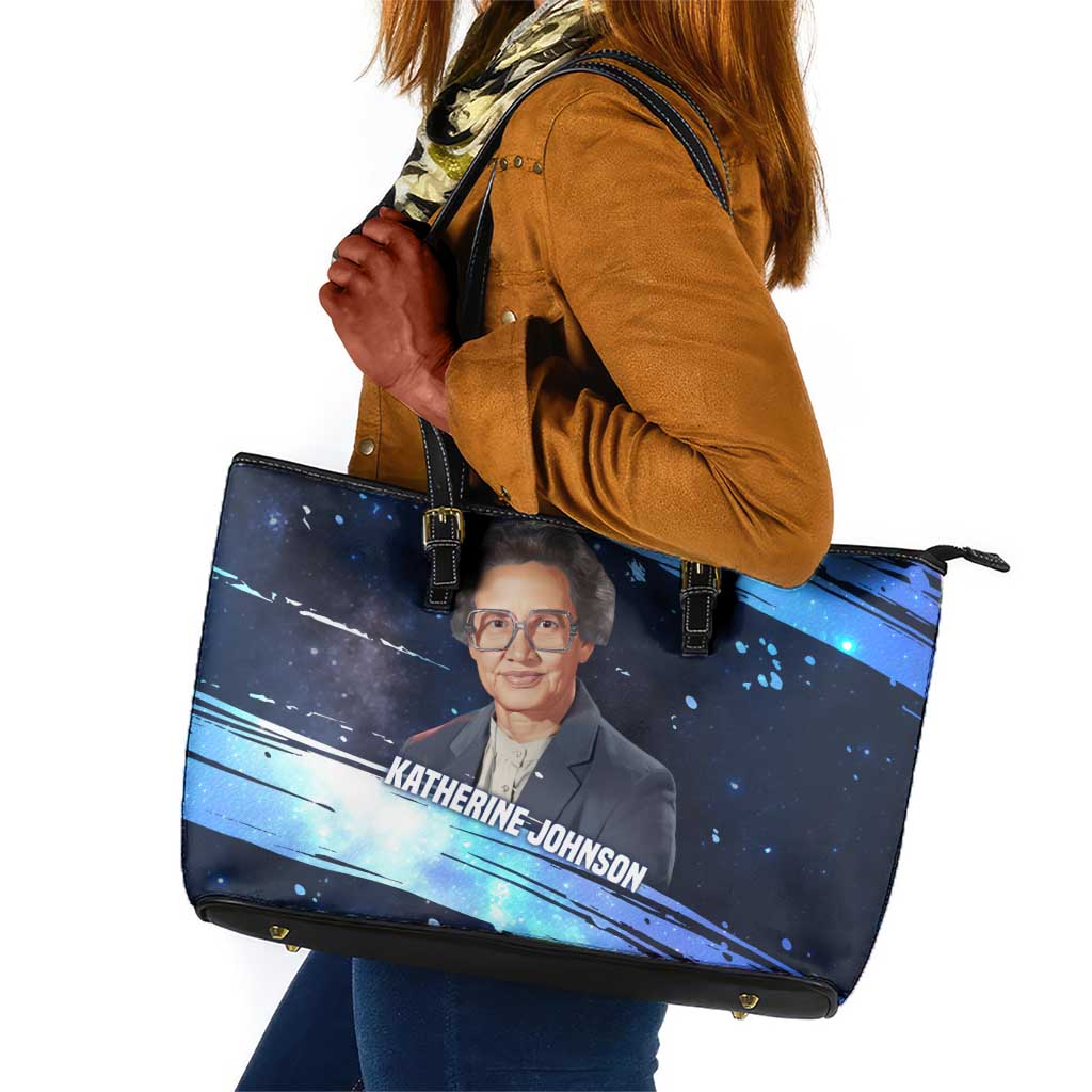 Katherine Johnson Leather Tote Bag with Galaxy Background, Hidden No More Quote and Rocket Brain Equation - Wonder Print Shop