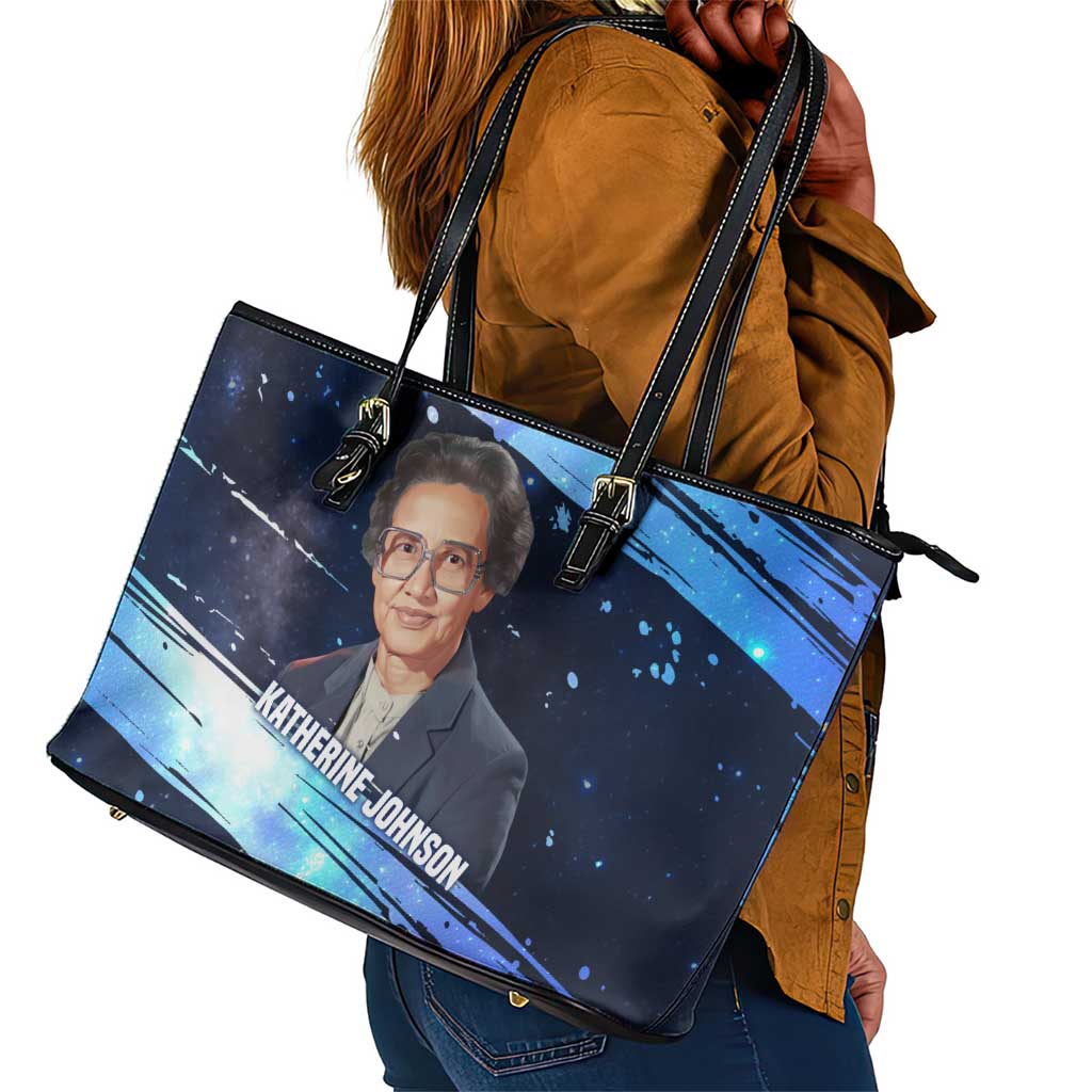 Katherine Johnson Leather Tote Bag with Galaxy Background, Hidden No More Quote and Rocket Brain Equation - Wonder Print Shop