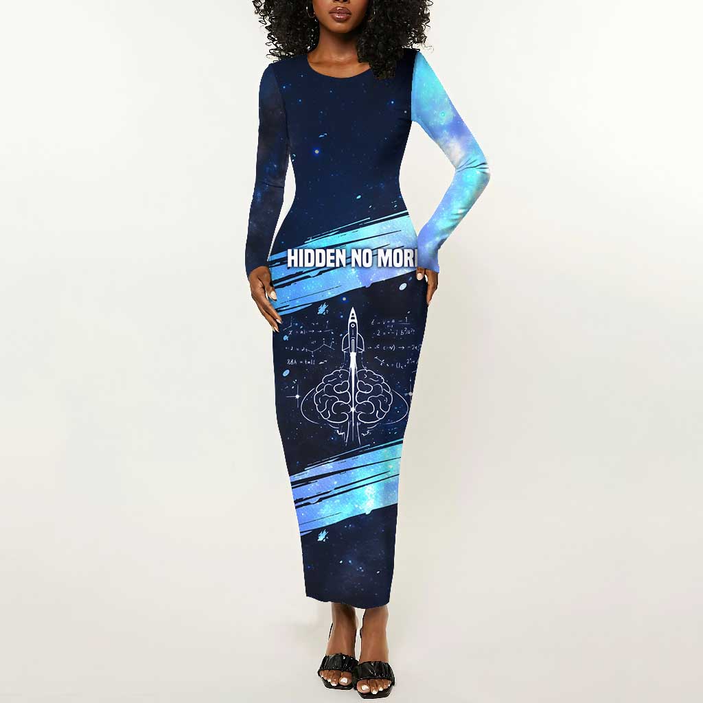 Katherine Johnson Long Sleeve Bodycon Dress with Galaxy Background, Hidden No More Quote and Rocket Brain Equation - Wonder Print Shop