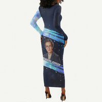 Katherine Johnson Long Sleeve Bodycon Dress with Galaxy Background, Hidden No More Quote and Rocket Brain Equation - Wonder Print Shop