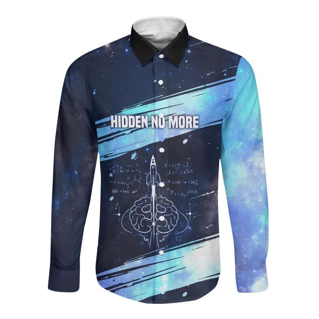 Katherine Johnson Long Sleeve Button Shirt with Galaxy Background, Hidden No More Quote and Rocket Brain Equation - Wonder Print Shop