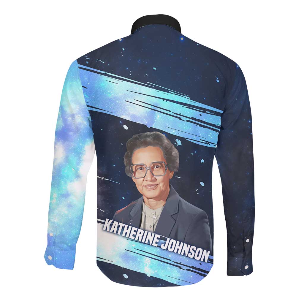 Katherine Johnson Long Sleeve Button Shirt with Galaxy Background, Hidden No More Quote and Rocket Brain Equation - Wonder Print Shop