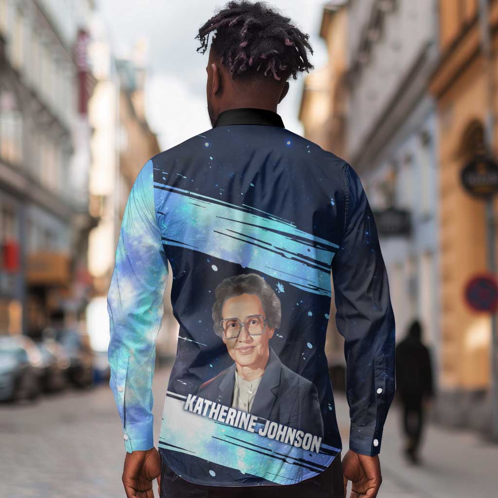 Katherine Johnson Long Sleeve Button Shirt with Galaxy Background, Hidden No More Quote and Rocket Brain Equation - Wonder Print Shop