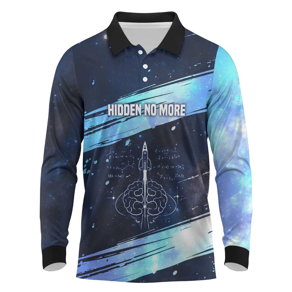 Katherine Johnson Long Sleeve Polo Shirt with Galaxy Background, Hidden No More Quote and Rocket Brain Equation - Wonder Print Shop
