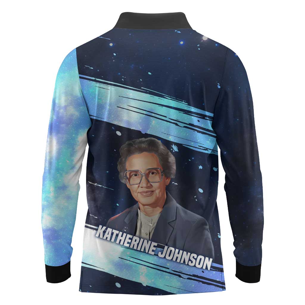 Katherine Johnson Long Sleeve Polo Shirt with Galaxy Background, Hidden No More Quote and Rocket Brain Equation - Wonder Print Shop