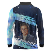 Katherine Johnson Long Sleeve Polo Shirt with Galaxy Background, Hidden No More Quote and Rocket Brain Equation - Wonder Print Shop