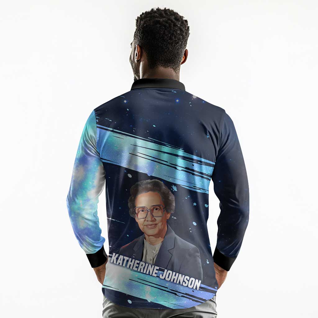Katherine Johnson Long Sleeve Polo Shirt with Galaxy Background, Hidden No More Quote and Rocket Brain Equation - Wonder Print Shop
