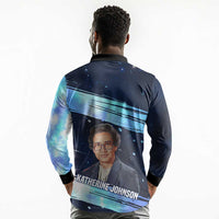 Katherine Johnson Long Sleeve Polo Shirt with Galaxy Background, Hidden No More Quote and Rocket Brain Equation - Wonder Print Shop