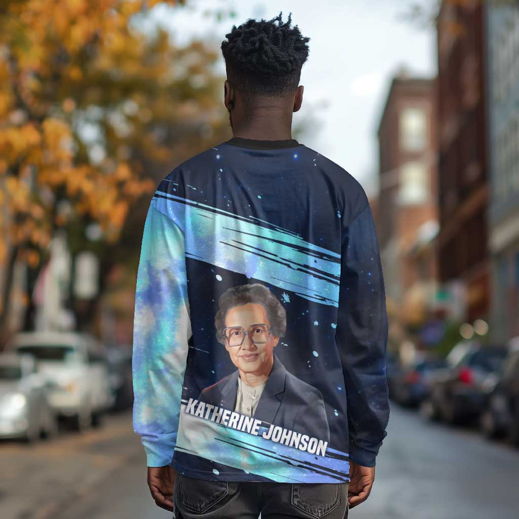 Katherine Johnson Long Sleeve Shirt with Galaxy Background, Hidden No More Quote and Rocket Brain Equation - Wonder Print Shop