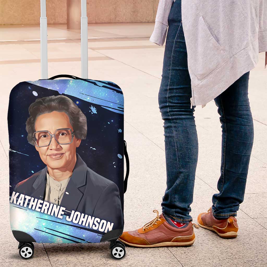 Katherine Johnson Luggage Cover with Galaxy Background, Hidden No More Quote and Rocket Brain Equation - Wonder Print Shop