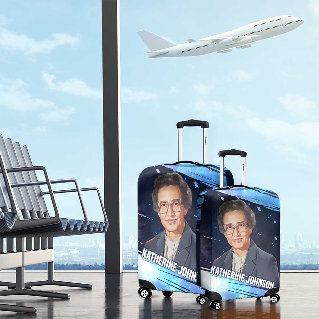 Katherine Johnson Luggage Cover with Galaxy Background, Hidden No More Quote and Rocket Brain Equation - Wonder Print Shop