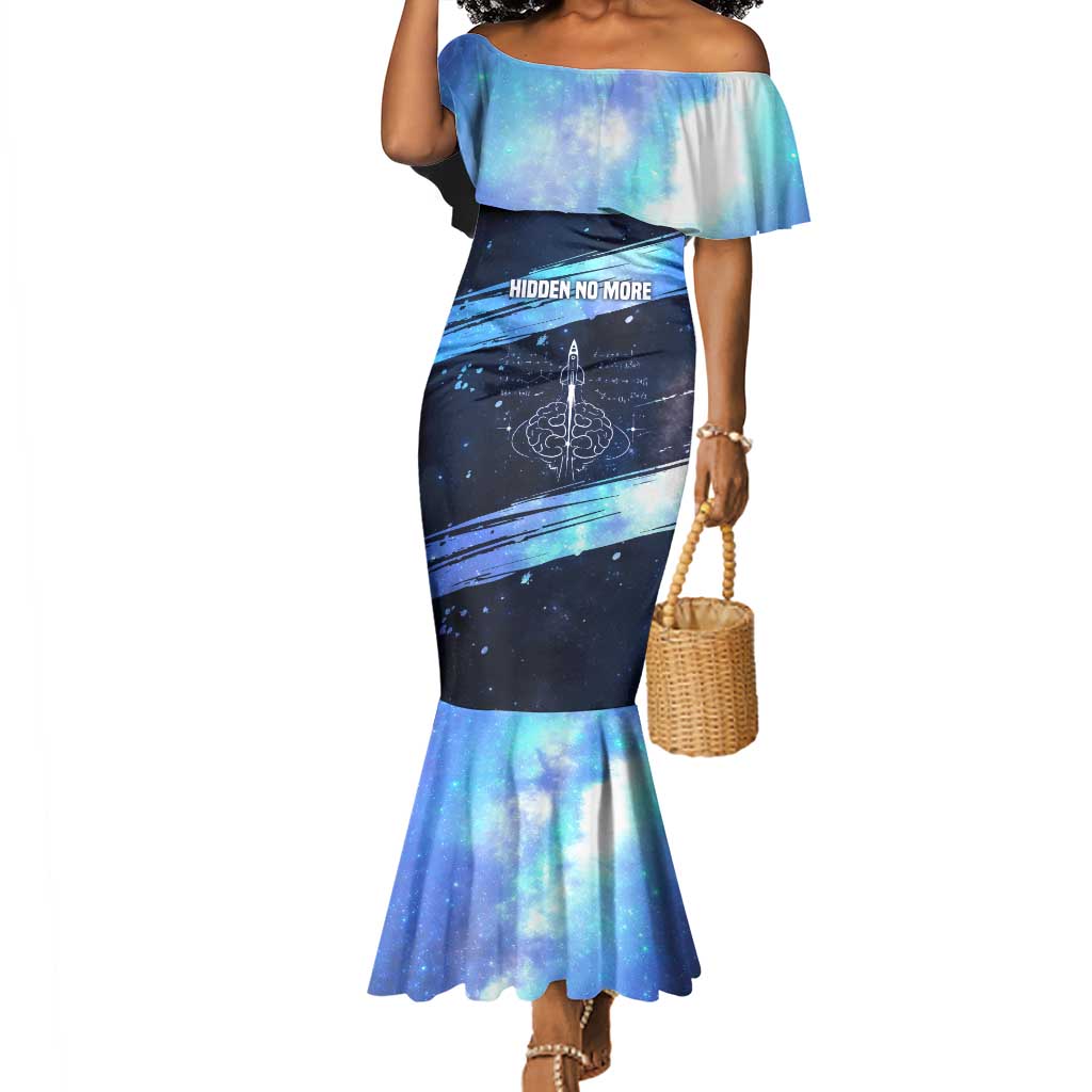 Katherine Johnson Mermaid Dress with Galaxy Background, Hidden No More Quote and Rocket Brain Equation - Wonder Print Shop