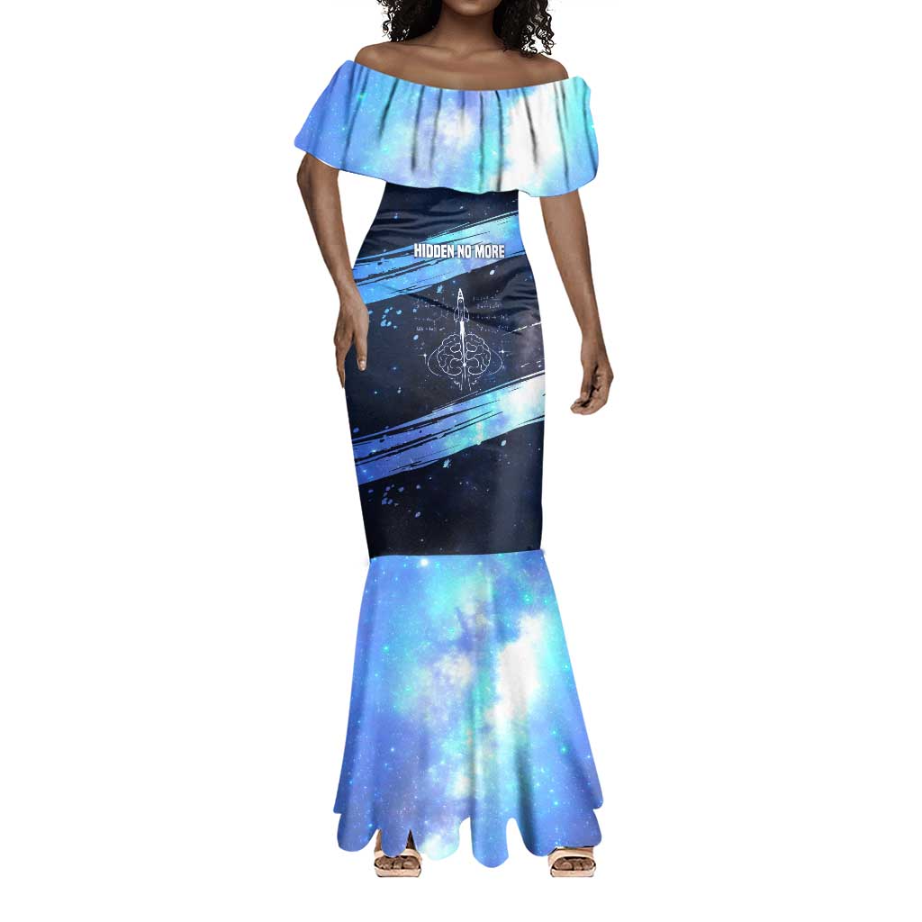 Katherine Johnson Mermaid Dress with Galaxy Background, Hidden No More Quote and Rocket Brain Equation - Wonder Print Shop