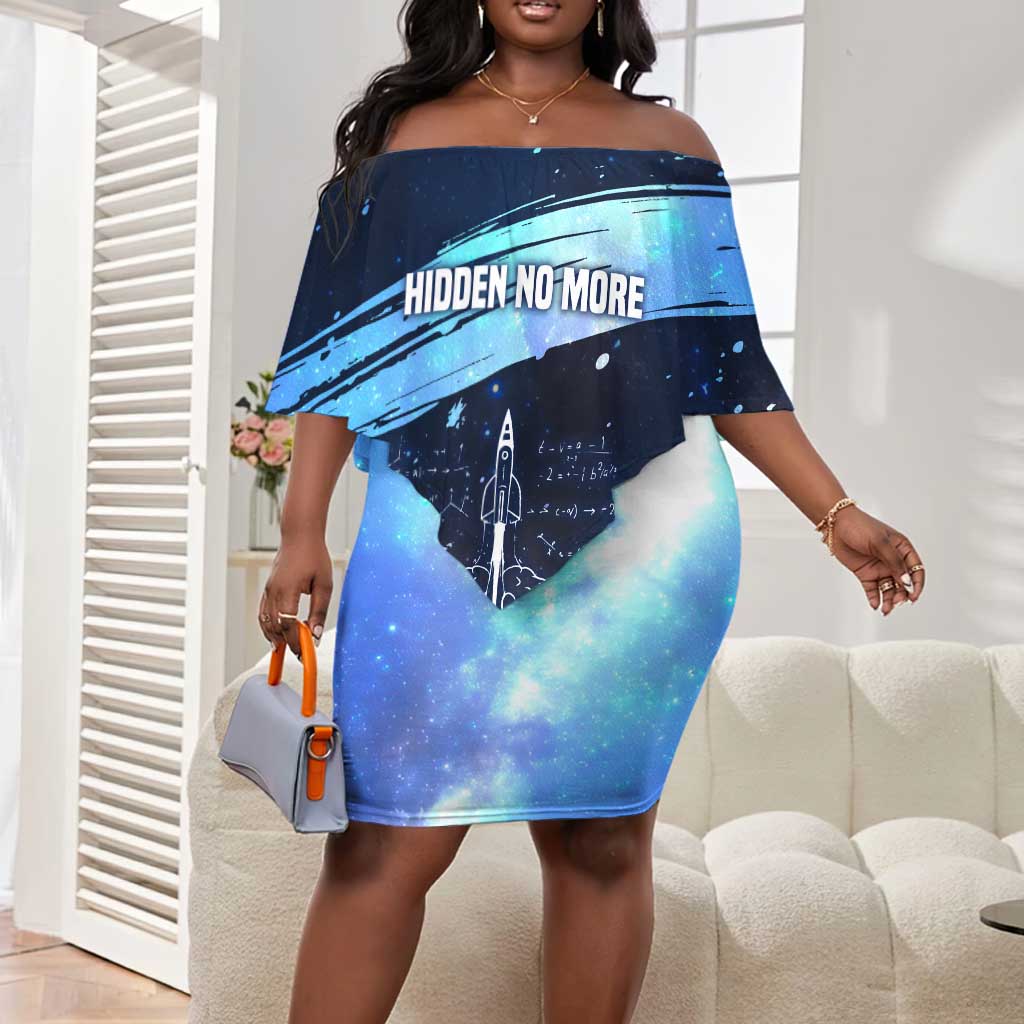 Katherine Johnson Off Shoulder Short Dress with Galaxy Background, Hidden No More Quote and Rocket Brain Equation - Wonder Print Shop