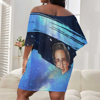 Katherine Johnson Off Shoulder Short Dress with Galaxy Background, Hidden No More Quote and Rocket Brain Equation - Wonder Print Shop