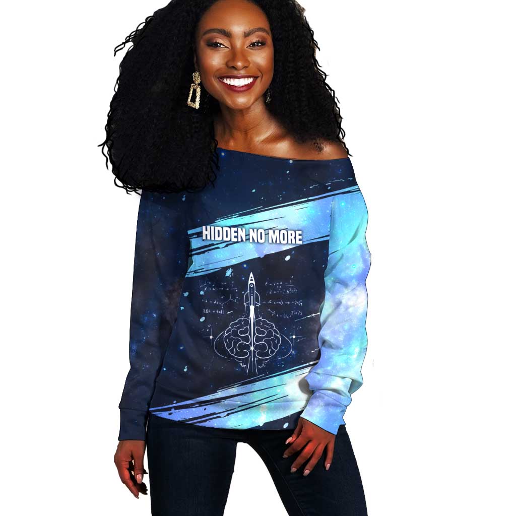 Katherine Johnson Off Shoulder Sweater with Galaxy Background, Hidden No More Quote and Rocket Brain Equation - Wonder Print Shop