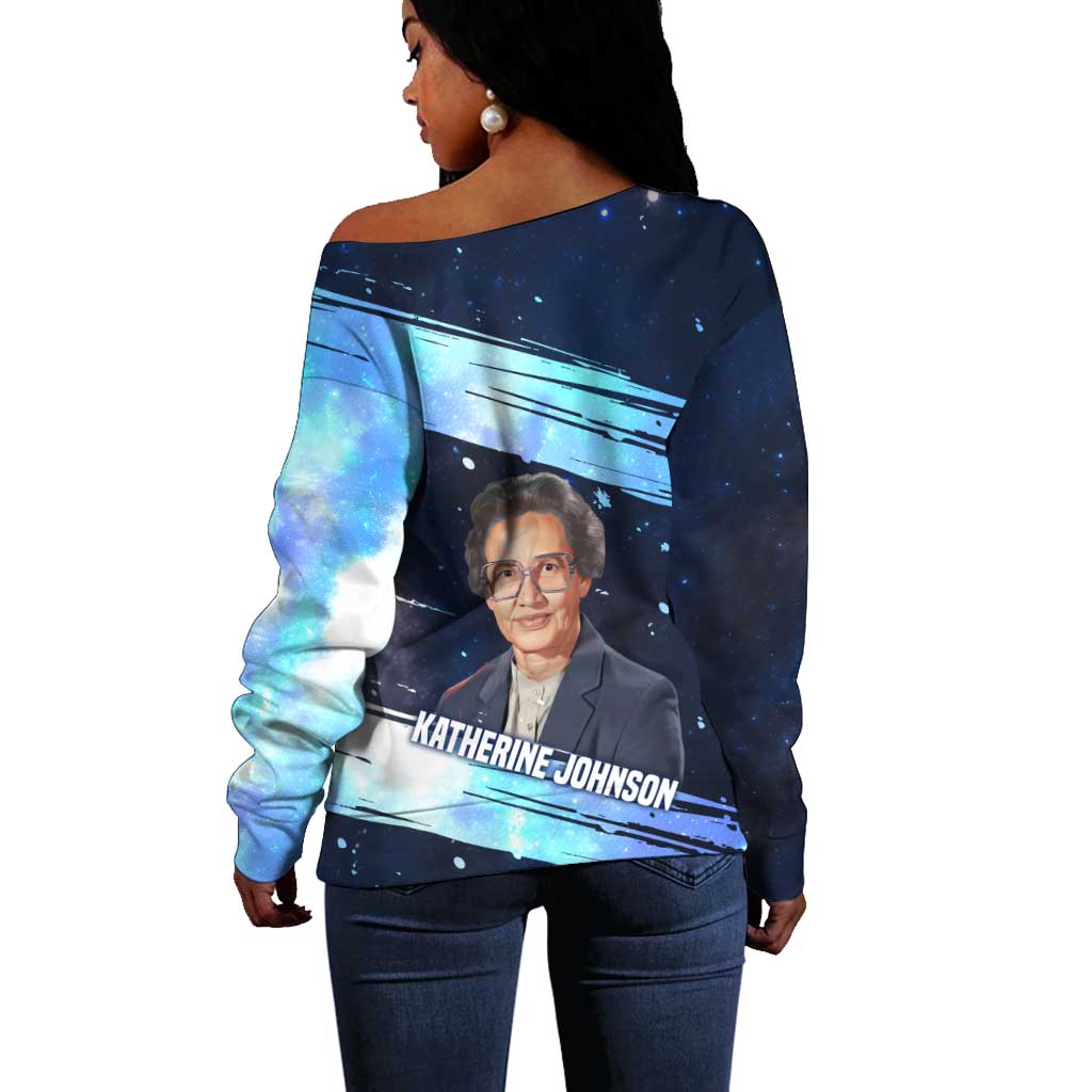 Katherine Johnson Off Shoulder Sweater with Galaxy Background, Hidden No More Quote and Rocket Brain Equation - Wonder Print Shop