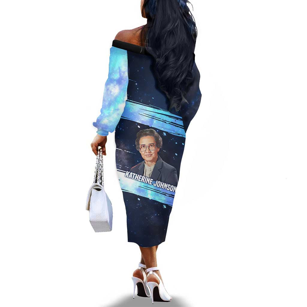 Katherine Johnson Off The Shoulder Long Sleeve Dress with Galaxy Background, Hidden No More Quote and Rocket Brain Equation - Wonder Print Shop