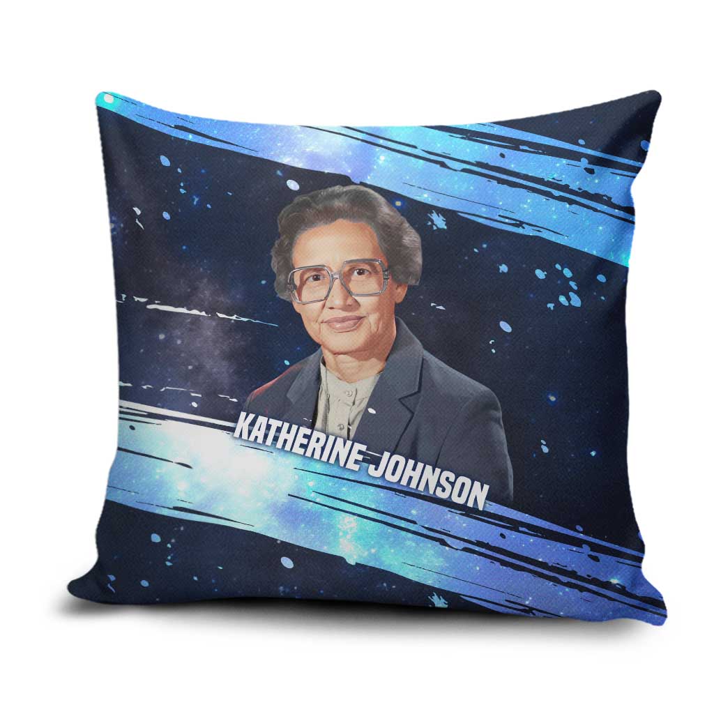 Katherine Johnson Pillow Cover with Galaxy Background, Hidden No More Quote and Rocket Brain Equation - Wonder Print Shop