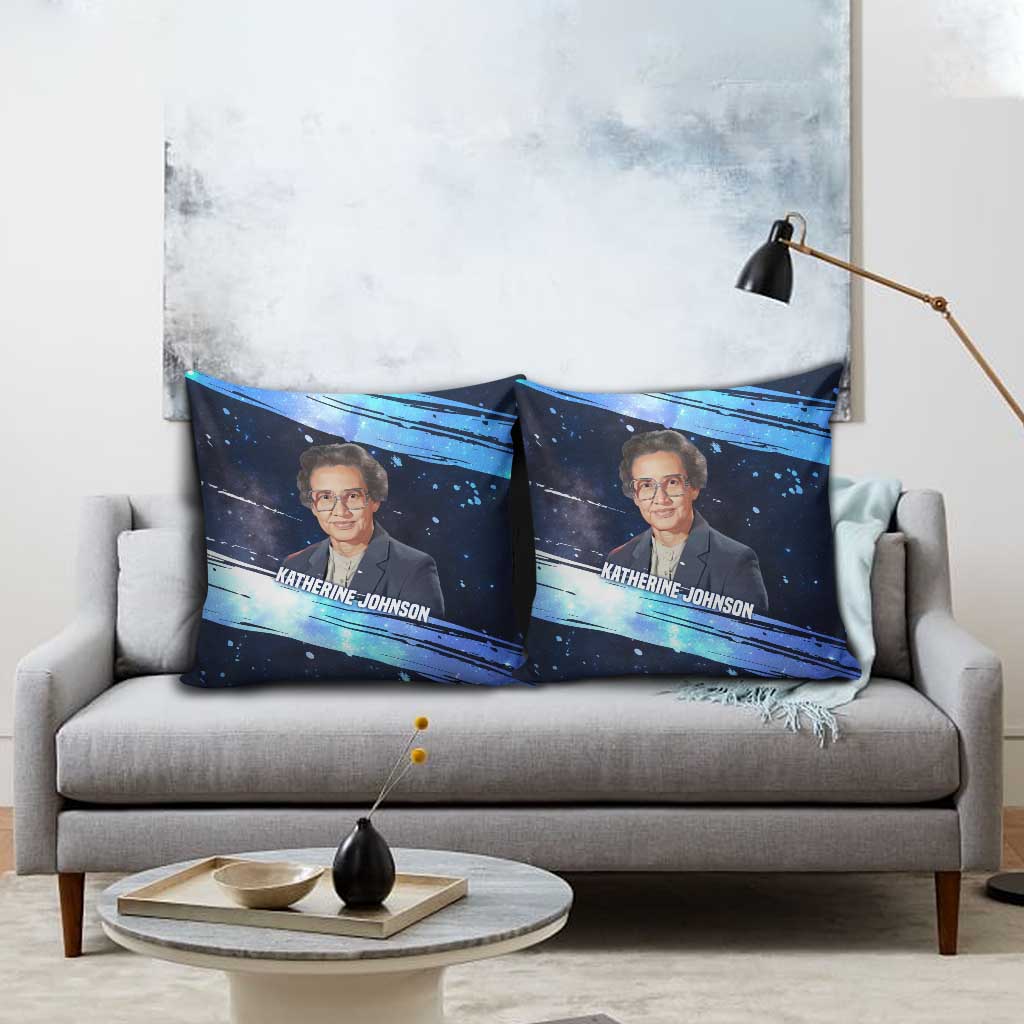 Katherine Johnson Pillow Cover with Galaxy Background, Hidden No More Quote and Rocket Brain Equation - Wonder Print Shop