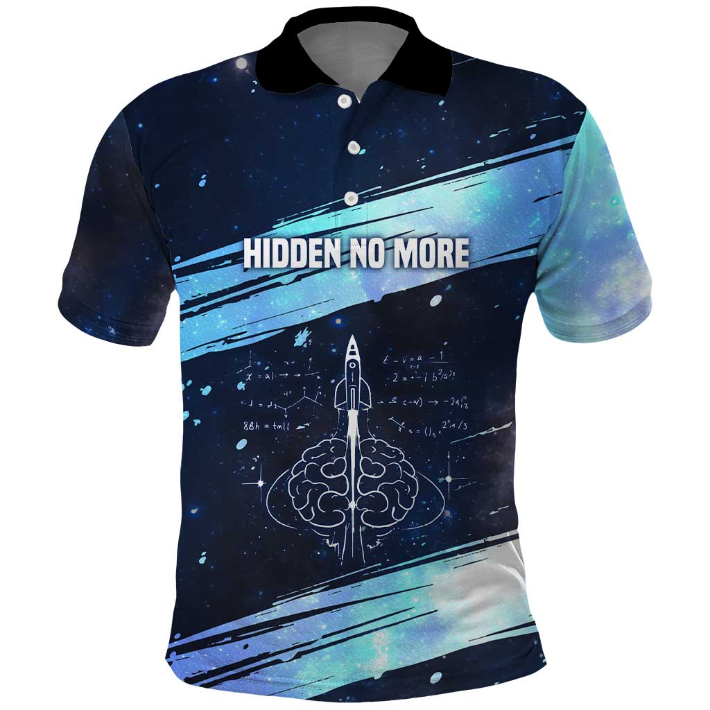 Katherine Johnson Polo Shirt with Galaxy Background, Hidden No More Quote and Rocket Brain Equation - Wonder Print Shop