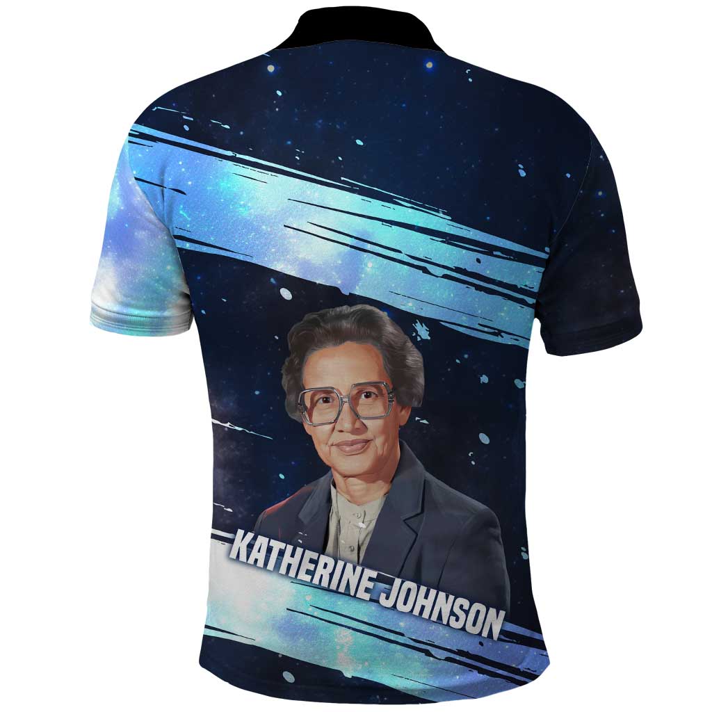 Katherine Johnson Polo Shirt with Galaxy Background, Hidden No More Quote and Rocket Brain Equation - Wonder Print Shop