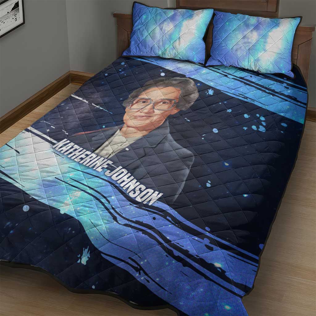 Katherine Johnson Quilt Bed Set with Galaxy Background, Hidden No More Quote and Rocket Brain Equation - Wonder Print Shop