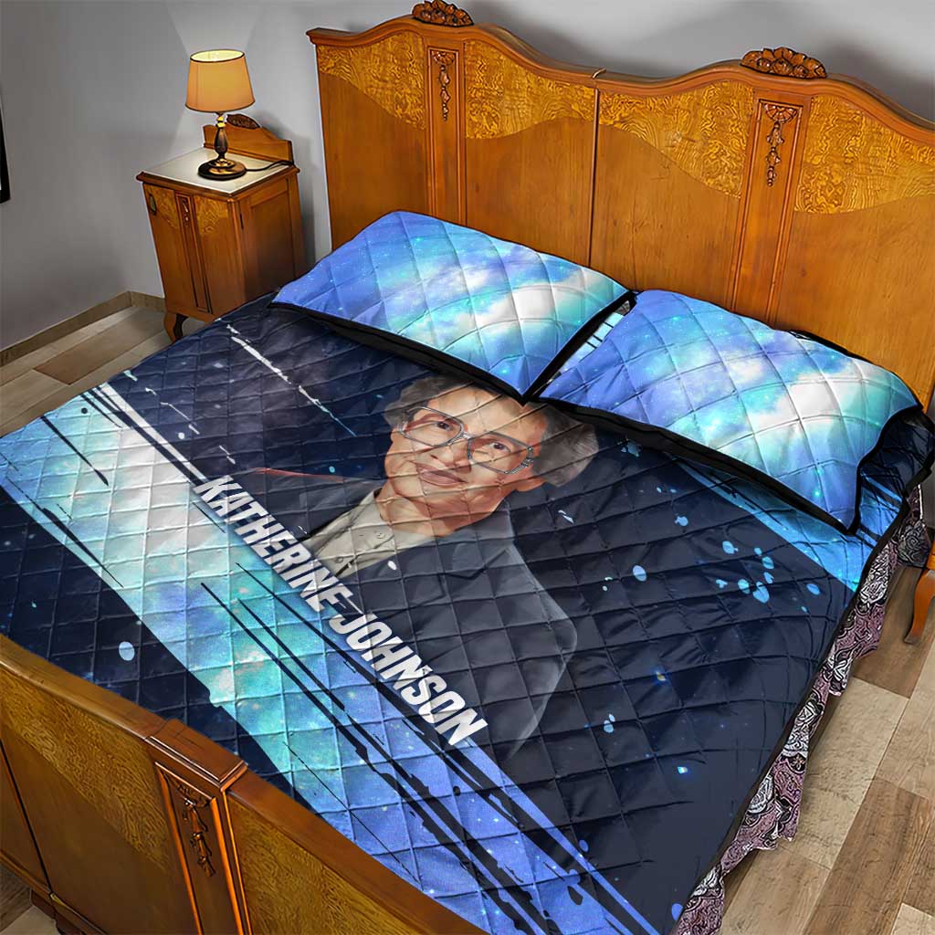 Katherine Johnson Quilt Bed Set with Galaxy Background, Hidden No More Quote and Rocket Brain Equation - Wonder Print Shop