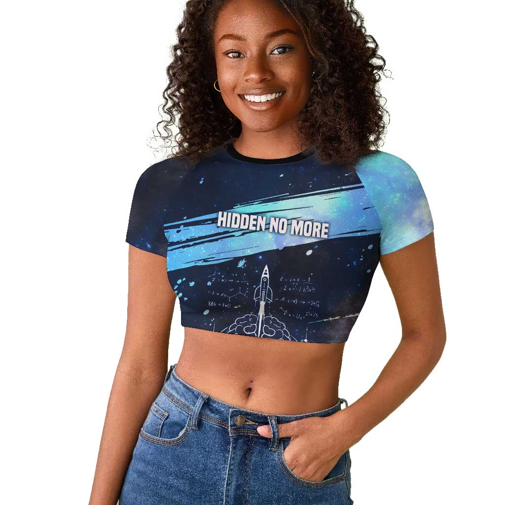 Katherine Johnson Raglan Cropped T shirt with Galaxy Background, Hidden No More Quote and Rocket Brain Equation - Wonder Print Shop