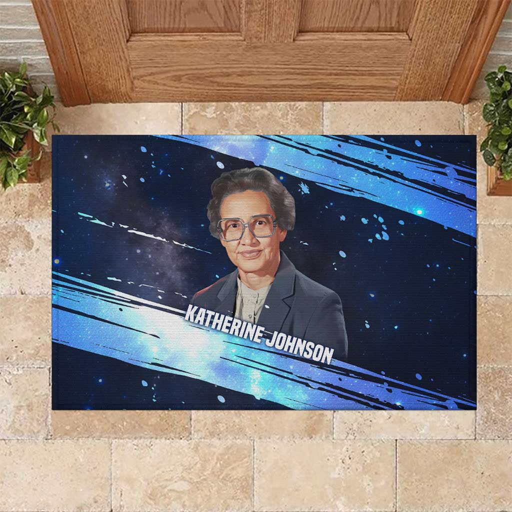 Katherine Johnson Rubber Doormat with Galaxy Background, Hidden No More Quote and Rocket Brain Equation - Wonder Print Shop