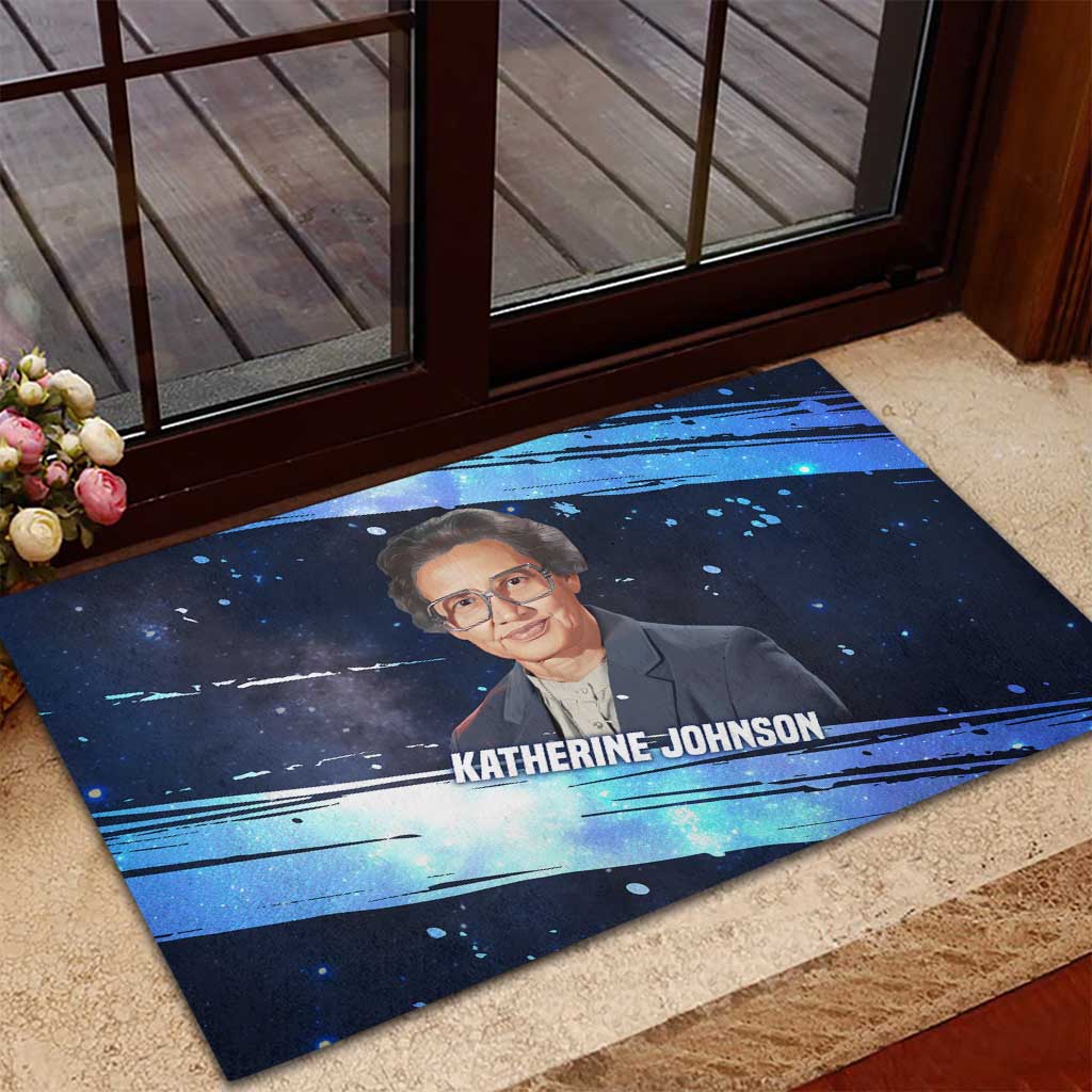Katherine Johnson Rubber Doormat with Galaxy Background, Hidden No More Quote and Rocket Brain Equation - Wonder Print Shop