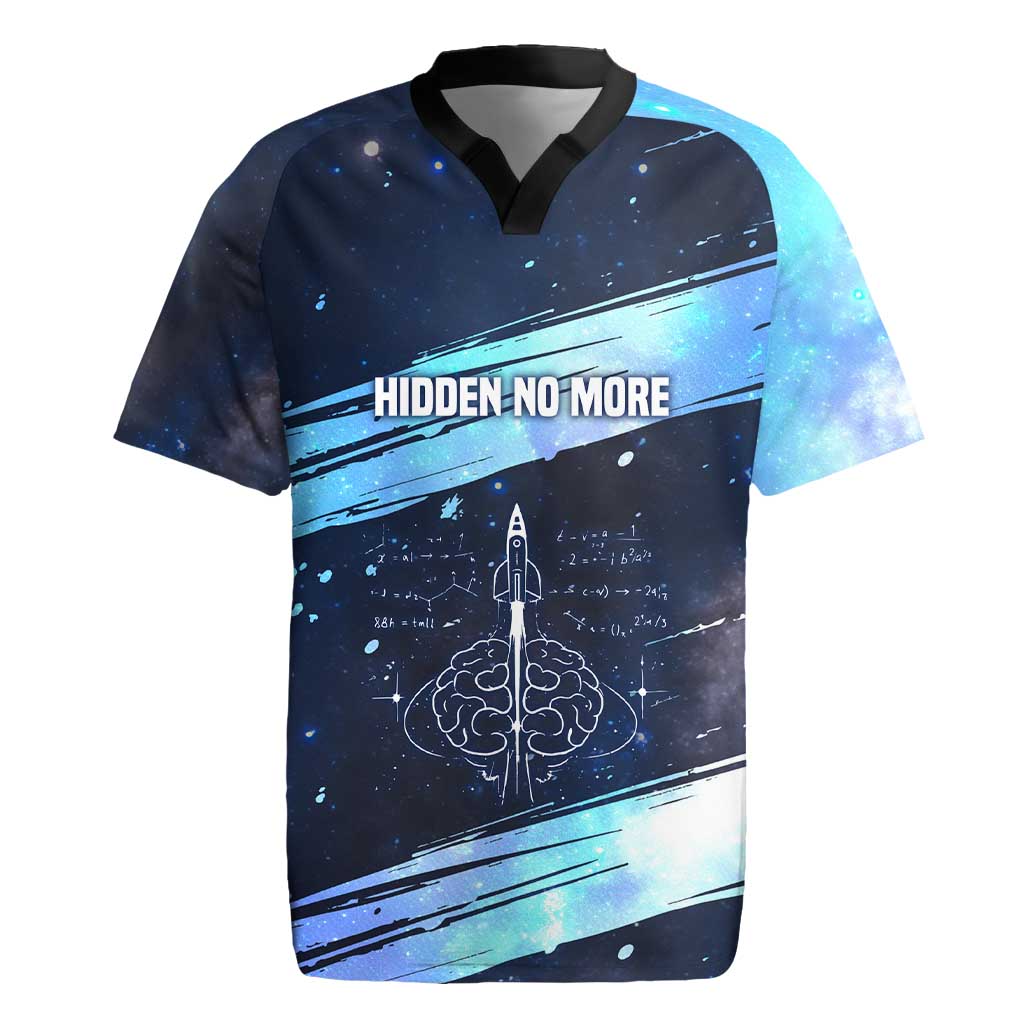 Katherine Johnson Rugby Jersey with Galaxy Background, Hidden No More Quote and Rocket Brain Equation - Wonder Print Shop