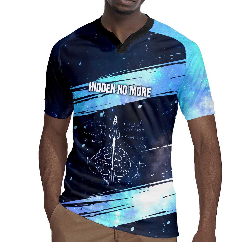 Katherine Johnson Rugby Jersey with Galaxy Background, Hidden No More Quote and Rocket Brain Equation - Wonder Print Shop
