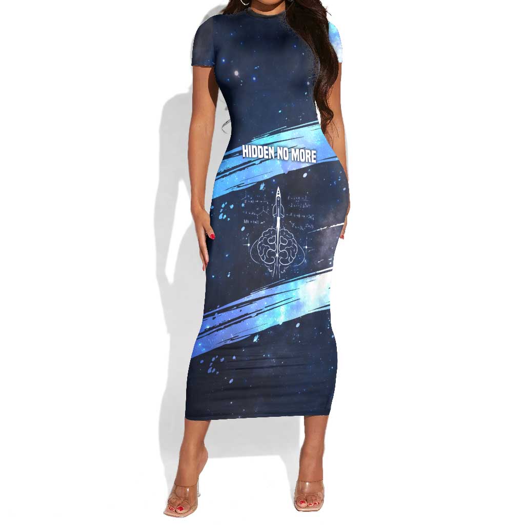 Katherine Johnson Short Sleeve Bodycon Dress with Galaxy Background, Hidden No More Quote and Rocket Brain Equation - Wonder Print Shop