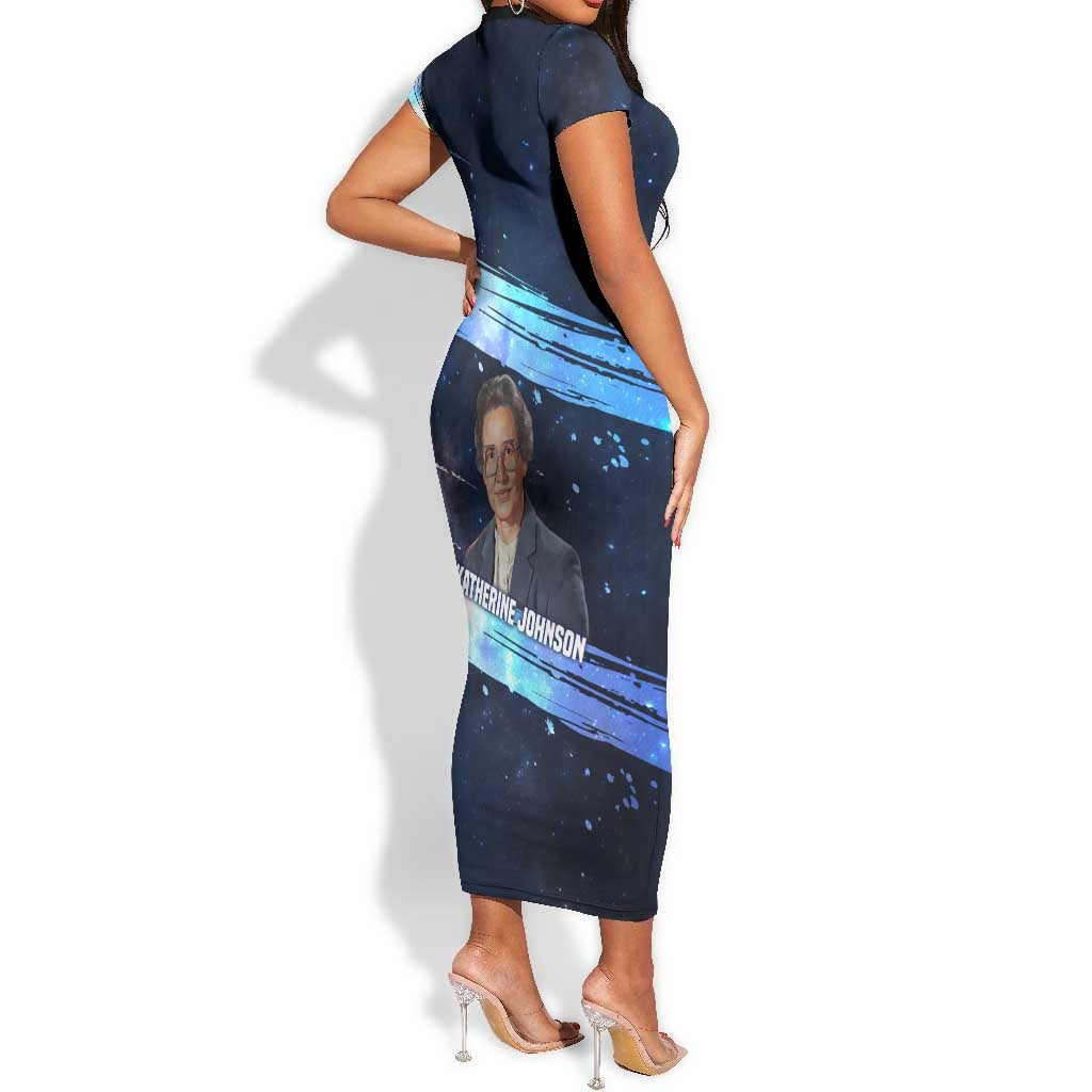 Katherine Johnson Short Sleeve Bodycon Dress with Galaxy Background, Hidden No More Quote and Rocket Brain Equation - Wonder Print Shop