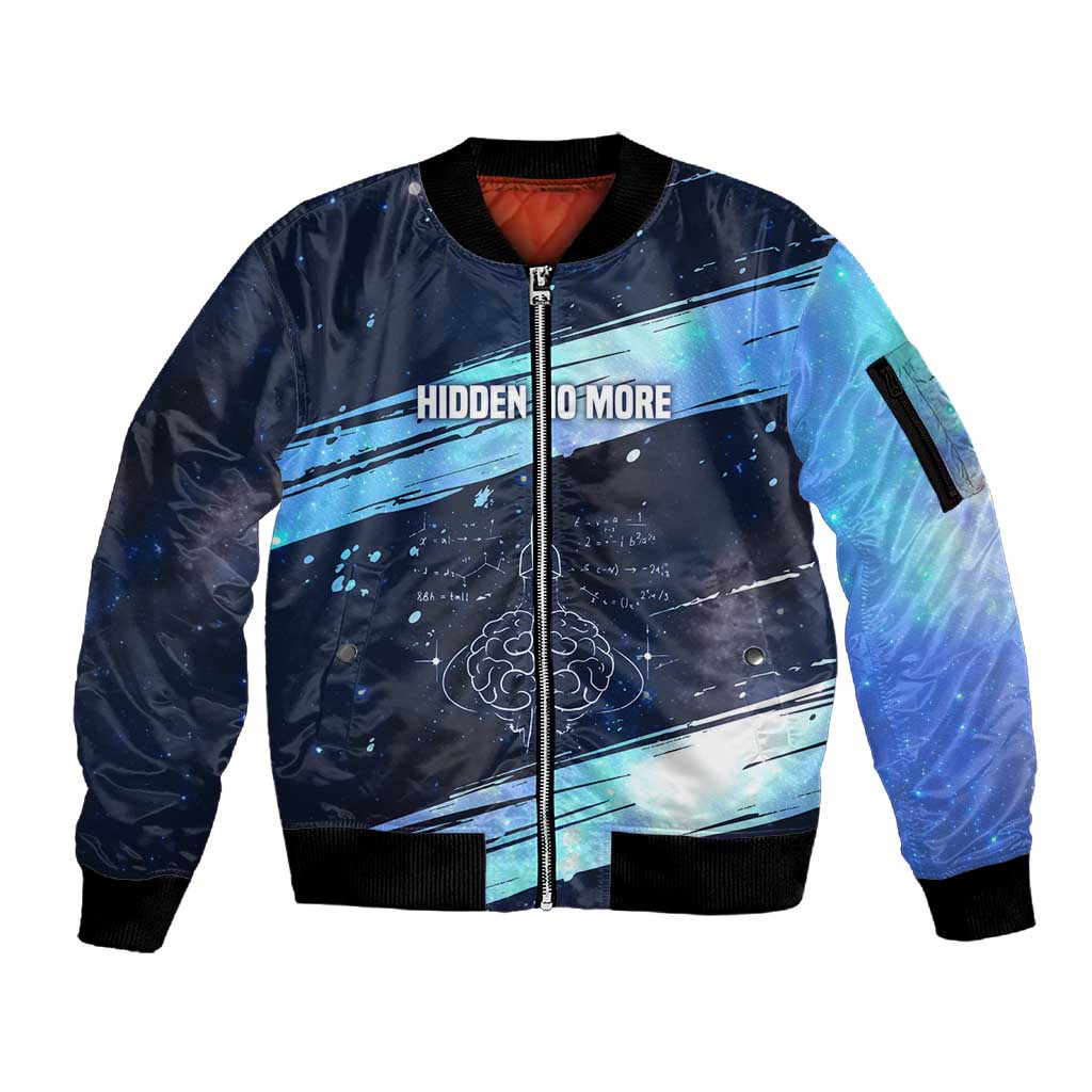 Katherine Johnson Sleeve Zip Bomber Jacket with Galaxy Background, Hidden No More Quote and Rocket Brain Equation - Wonder Print Shop
