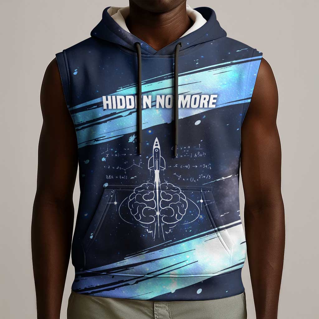 Katherine Johnson Sleeveless Hoodie with Galaxy Background, Hidden No More Quote and Rocket Brain Equation - Wonder Print Shop