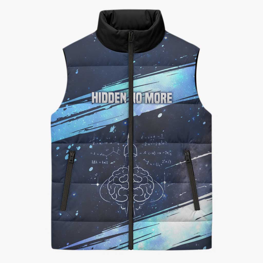Katherine Johnson Sleeveless Puffer Jacket with Galaxy Background, Hidden No More Quote and Rocket Brain Equation - Wonder Print Shop